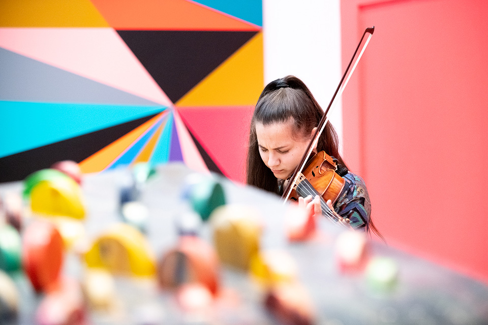 A violinist with dark hair with a concentrated look, on a multicoloured background